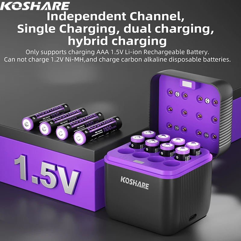 KOSHARE Wiederaufladbare Batterien AA 4255 mWh AAA 1100 mWh Li-Ionen-Akku-Ladegerät-Set 12-Fach LED-Anzeige Smart Schnell-Lade-Etui
