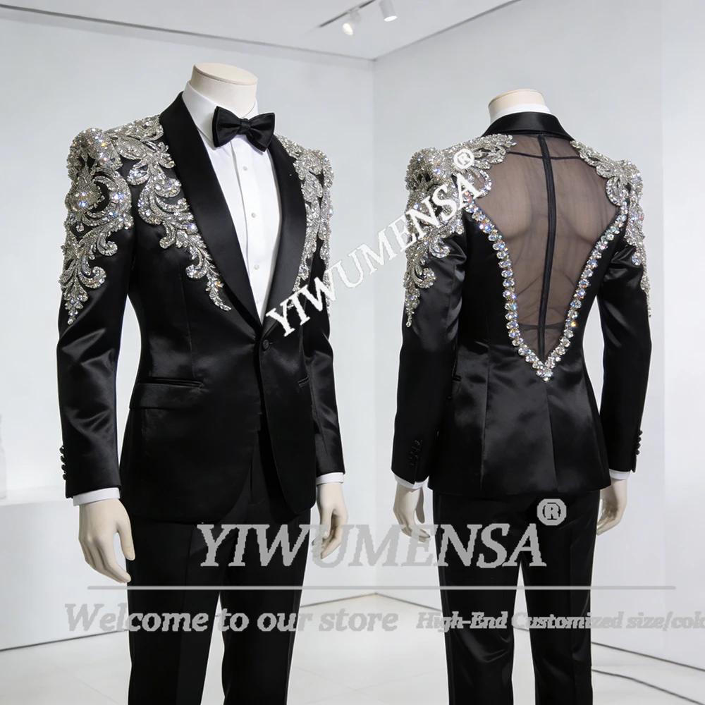 Desinger Beaded Crystals Suit Men Slim Fit Single Breasted Prom Blazer Customized Man Outfits Illusion Tulle Satin Groom Tuxedos