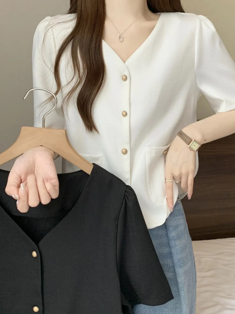 여름 반팔 브이넥 티셔츠 여성용 셔츠 어깨 길이 디자인 슬림핏 플러스 사이즈 배 커버 신상 한국 패션