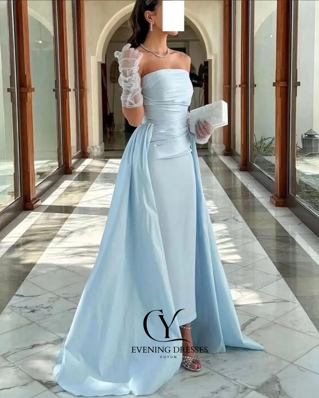 CUYUN Elegant Blue Evening Gown Saudi Arabia Strapless Satin Pleats Prom Gown Long Train With Glove Customized Special Occasion