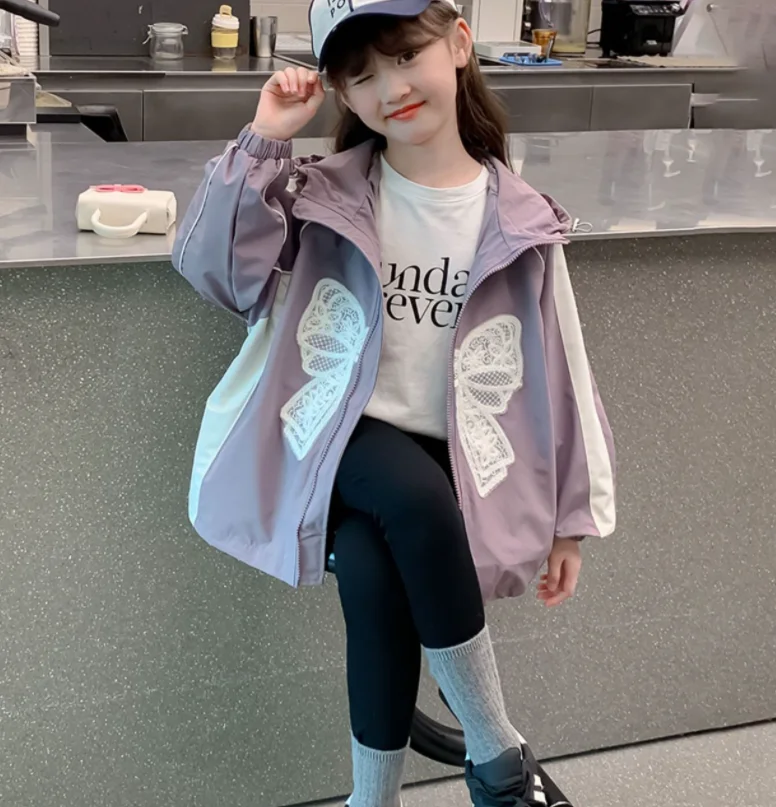 

New Baby Kid Girls Boutique Teenage Casual Outdoor Hooded Purple Coat , Princess Kids Fashion Outwear 5-12T