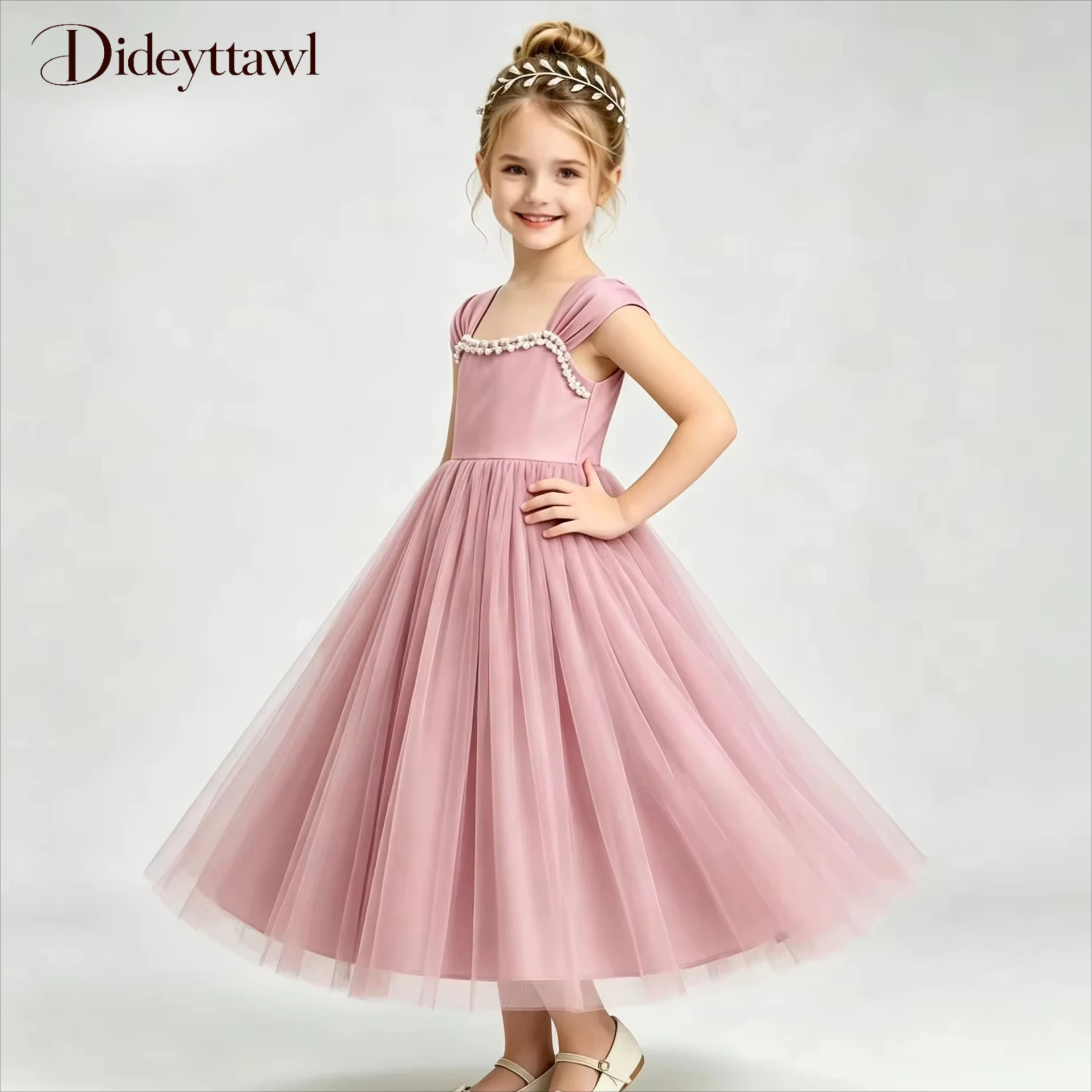 Dideyttawl Kids Tulle Long Formal Dress Square Neck Pearl Beading Princess Gown Multi Color Flower Dress For Wedding Bridesmaid