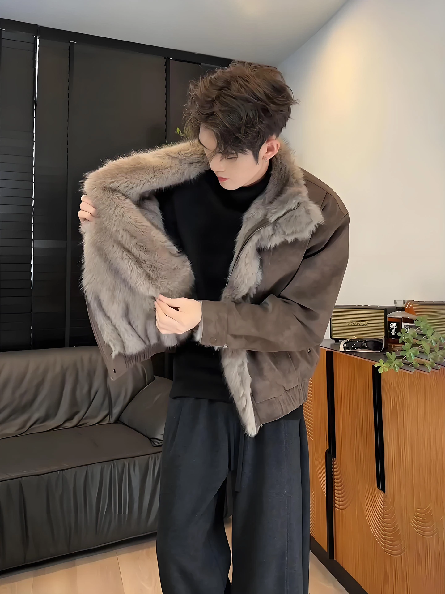 

Men's Winter Jaet Fce Lined ort Cotton Coat Youth Faion Warmth Polyester Fiber Zipper Closure Casual Wear