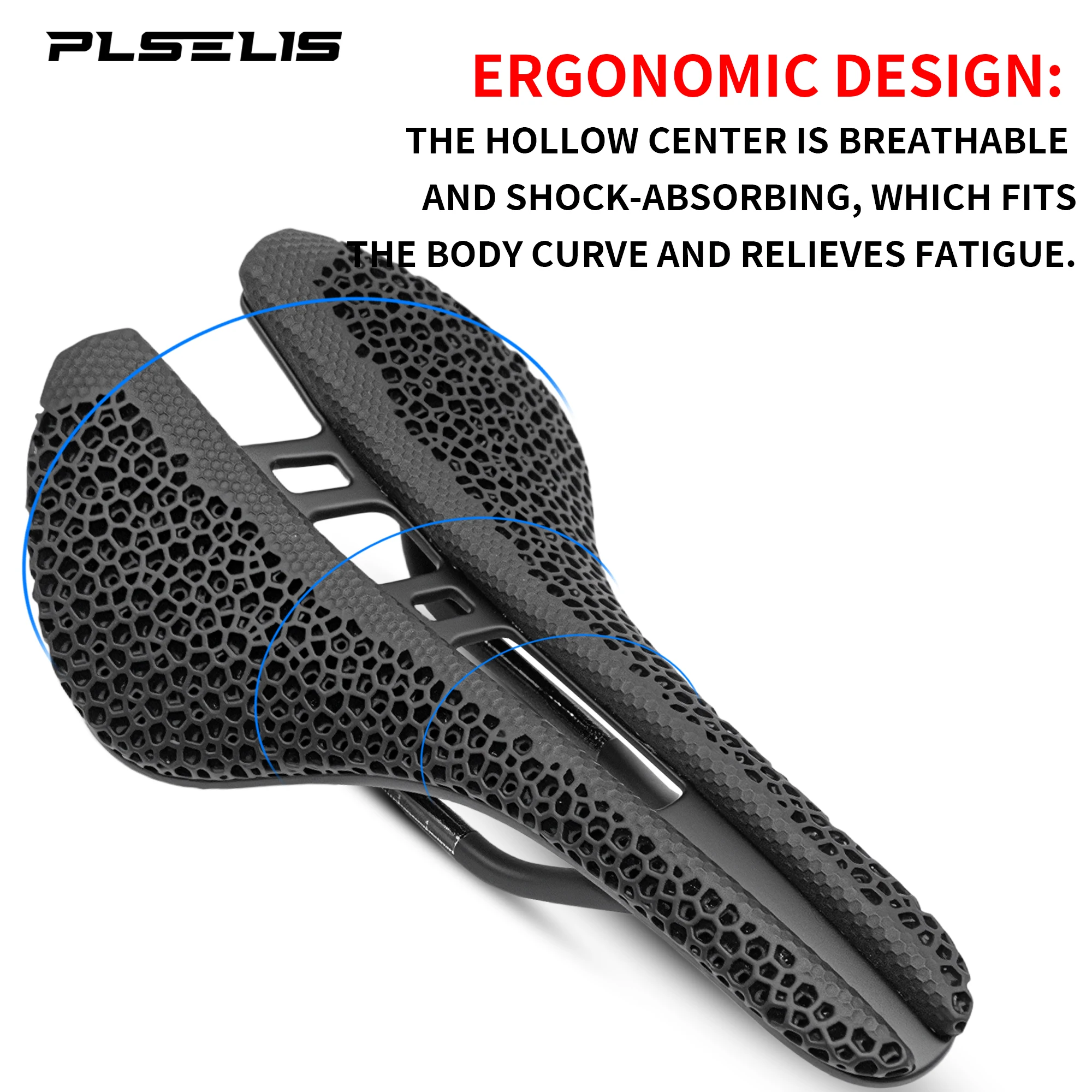 Plselis، سرج طباعة ثلاثي الأبعاد، ألياف كربون خفيفة للغاية، وزن 170 جرام، مصمم هندسيًا، مجوف وجيد التهوية.