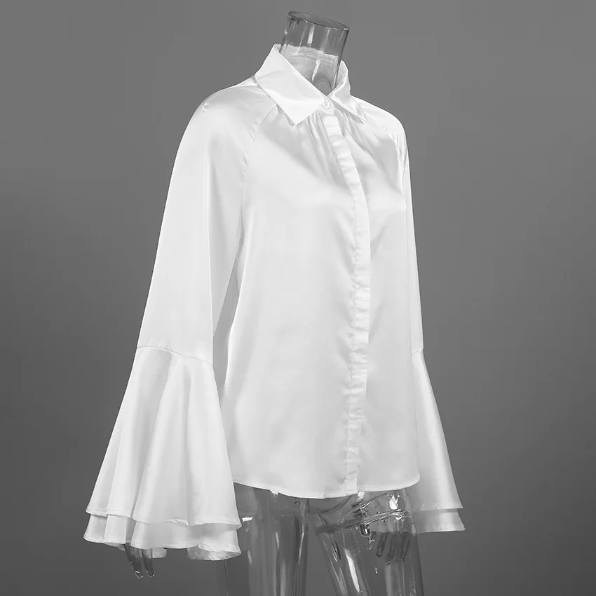 

2026 Spring Summer Satin Loose Slim Fit Long Sleeve Top Women New Court Style Turn Down Collar Bell Sleeve White Shirt