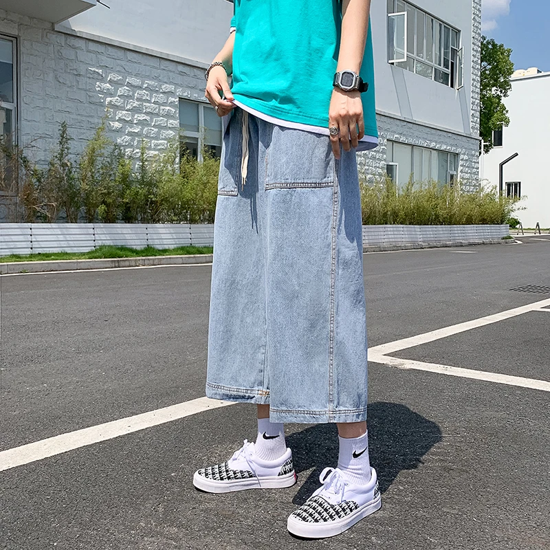 

Summer Thin Men's Casual Loose Straight Leg Jeans Elastic Waist Wide Leg Denim orts Trendy Workwear Trousers Youth Faion