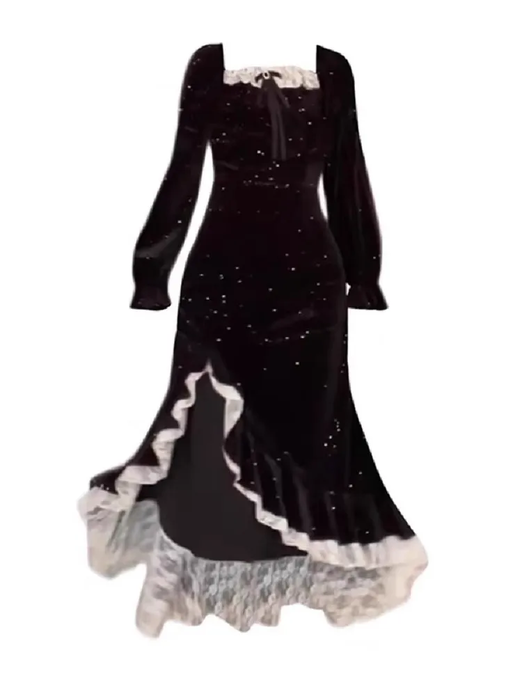 

Mermaid Black Velvet Long Dress Women'S Autumn And Winter Shining Split Tail Irregular Slimming Dress