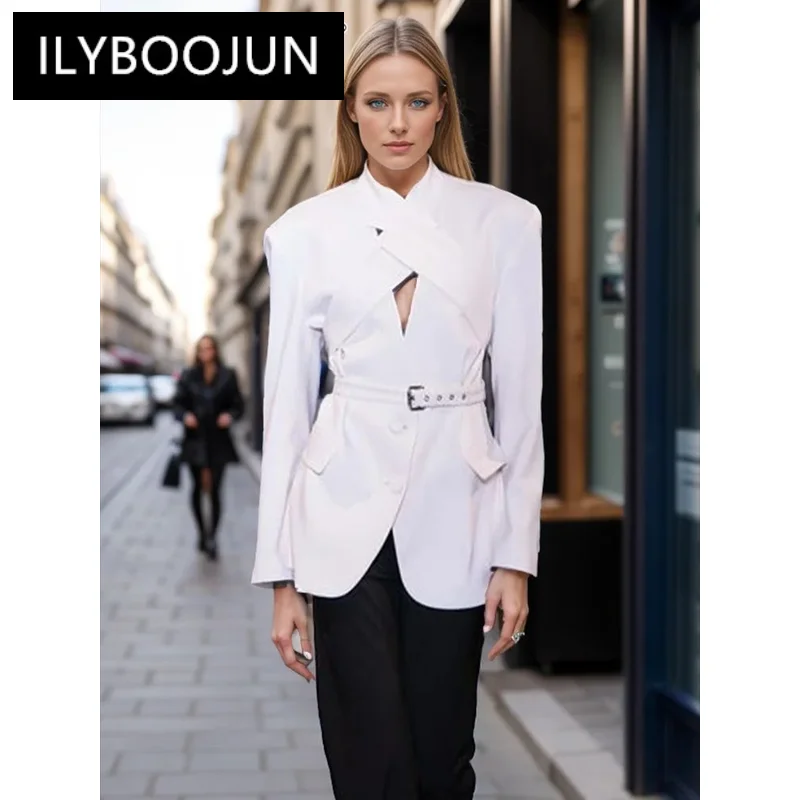 ILYBOOJUN Solid Spliced Belt Crisscross Designer Blazer For Women O Neck Long Sleeve Hollow Out Chic Coats Female Fashion New