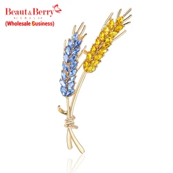 Beaut&Berry Rhinestone Ear of Wheat Brooches for Women Blue and Yellow Plant Pins Unisex Office Party Casual Accessories Gifts