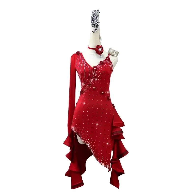 Vestido de dança latina profissional para mulheres, saia vermelha para senhoras, salão de festas, roupas práticas, esportes, roupas femininas, novo