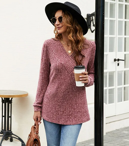 2023 European And American Autumn And Winter New Women's Clothing Large Size Long-Sleeved V-neck Casual Tops Women's Sweatshirts