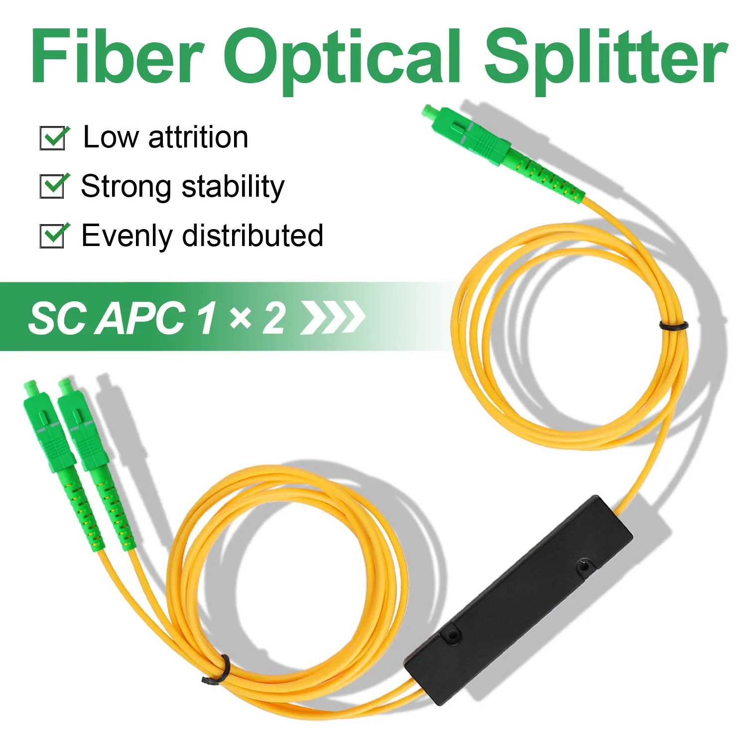 1X2 SC APC PLC Fiber Optic Splitter with 1 to 2 Distribution Channel 50:50 Ratio Wiring Coupler for GPON,FTTH,CATV System