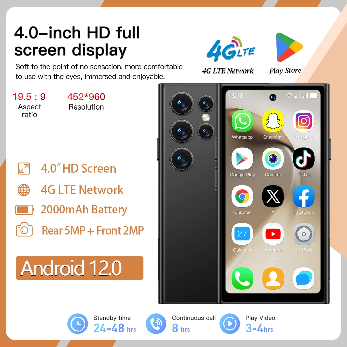 【 Compact and Portable 】 ONEMYTH S26 Pro 4.0-inch Mini Smartphone Android 12 Global 4G Dual SIM Backup Small Phone 3+64GB