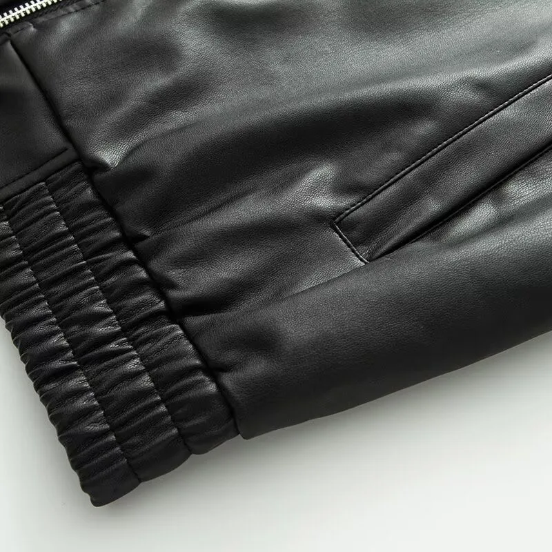 Women Jacket with Zipper Autumn Fashion European style Long Sleeve Lapel Collar Women's Leather Coats Female Chic Tops