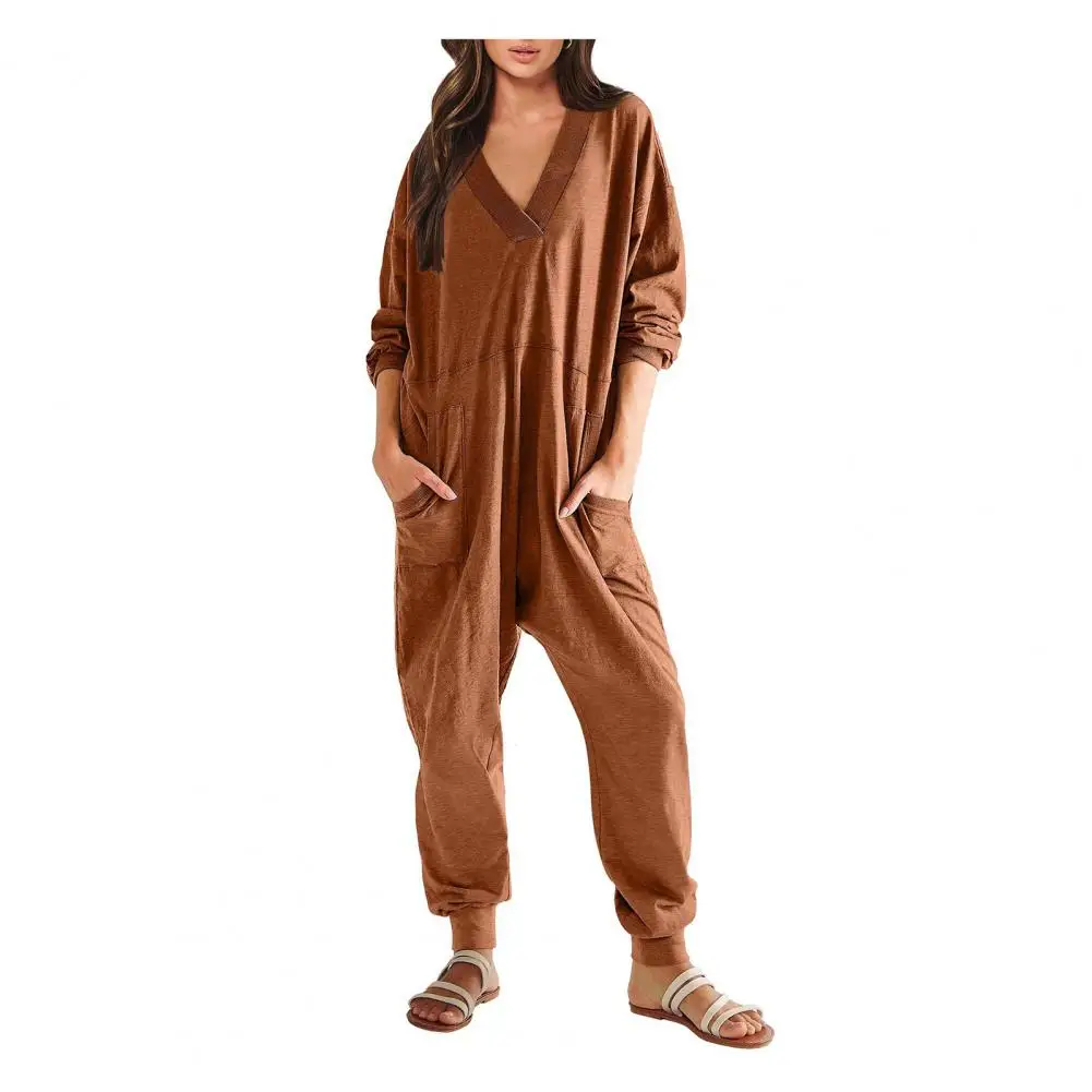 

Women Fall Winter Jumpsuit Long Sleeve Loose Pockets Deep Crotch Baggy Ankle-banded Soft Lady Pajama