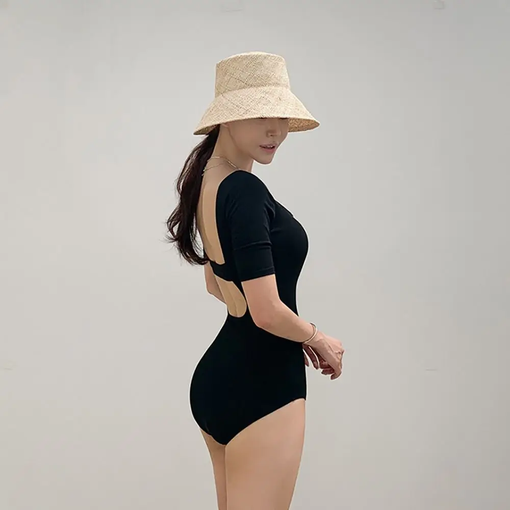 

Solid Color Hollow Out Swimsuit Slim Design Mesh Cut Backless Swimsuit High Waist Short Sleeve Swimwear Lady Wear