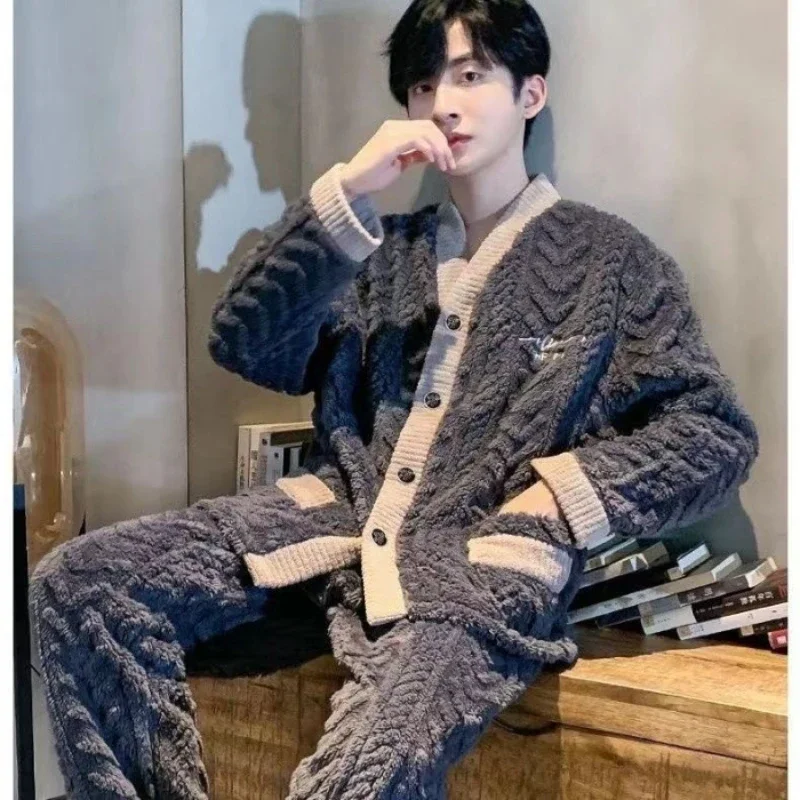 High Quality Men Pajamas Suit V-neck Winter Warm Loose Fitting Thick Plush Flannel Sleepwear Set Home Wear Male Nightwear