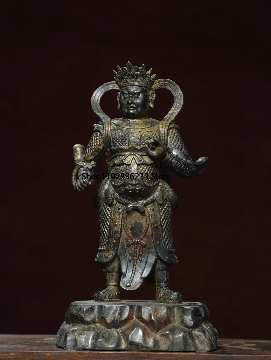 Tibetan brass gilt mud gold cinnabar painting Tianwang station statue ornament handicrafts antique bronze home Buddhist hall sup