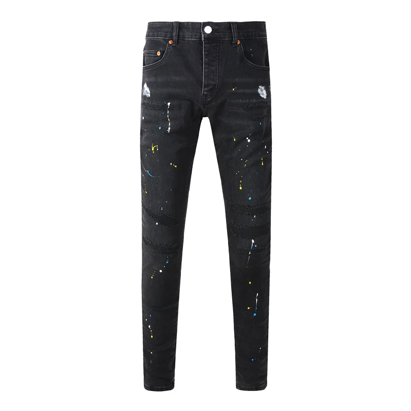 Fashionable new men's jeans, washed, nostalgic, perforated patch, elastic, slim fit, blue jeans, designer hip-hop brand jeans, h