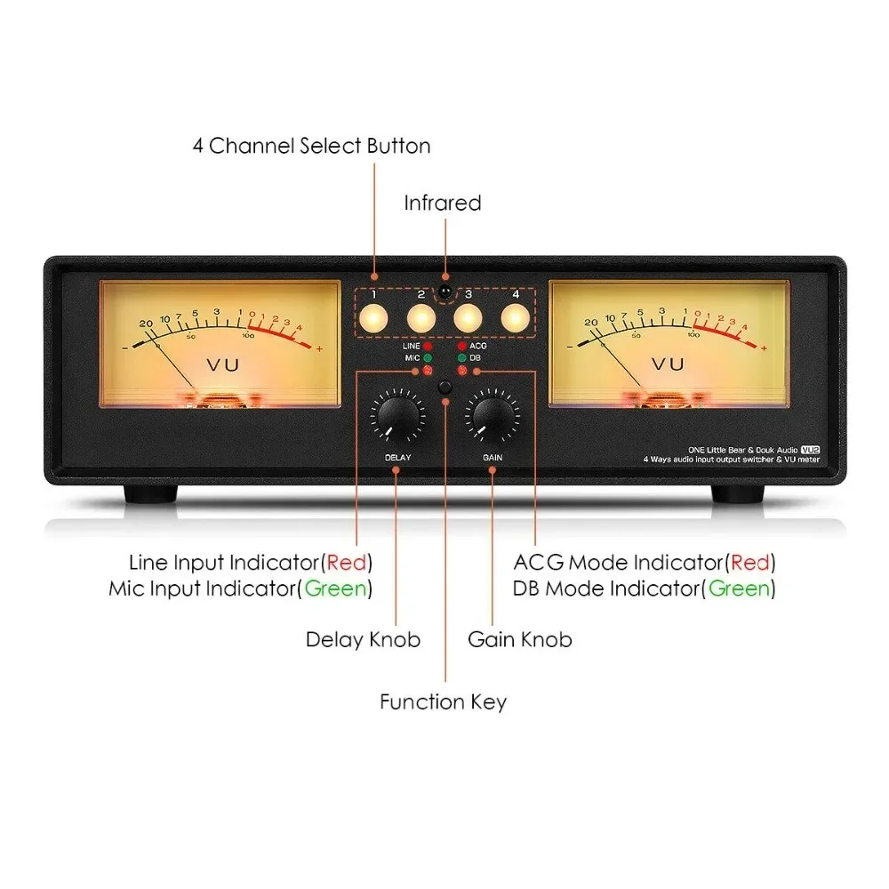 Analog Dual VU Meter MIC+LINE Stereo Music Spectrum Display Sound Level Indicator 4-Port Audio Splitter Switcher Box