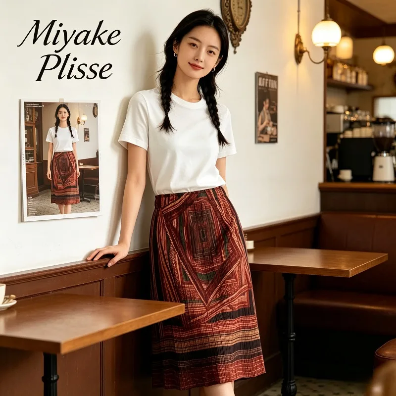 Miyake Pleated 2026 New Summer Original Skirt Women Retro Geometric Print Mid-Length Skirt Draped Straight Niche Design Skirt