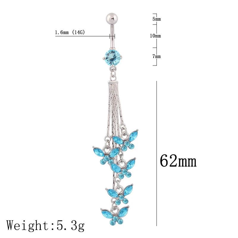Crystal Tassel Butterfly Navel Bar Body Piercing Belly Button Ring  Fashion Navel Ring 14G 316L Surgical Steel Bar Nickel-free