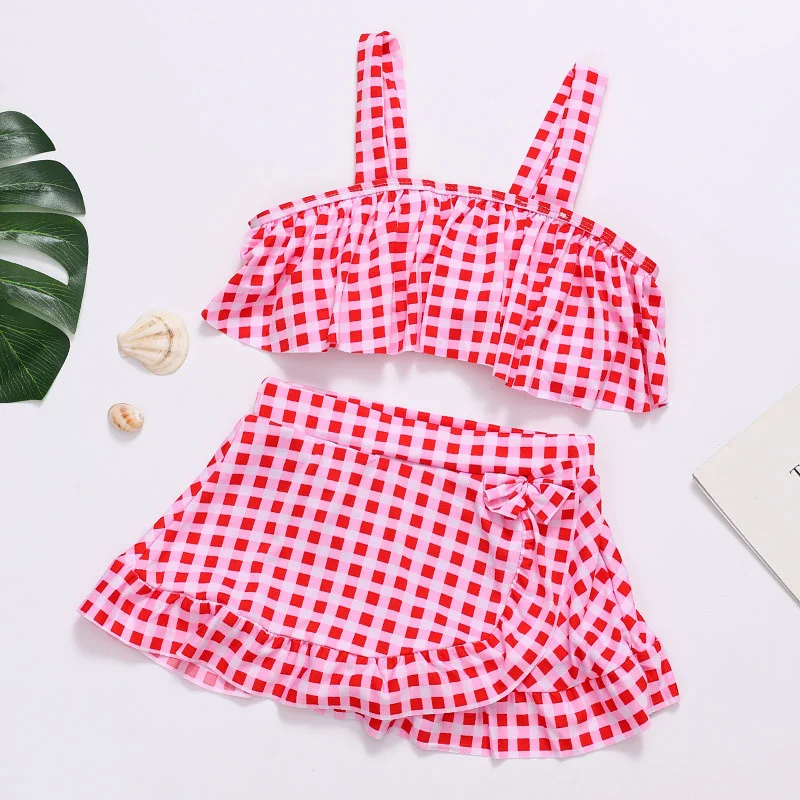 2Pcs Girls Swimwear Sets Summer Children Plaid Swimsuit Suit Kids Sweet Beach Bikini Beachwear New Toddler Casual Clothing
