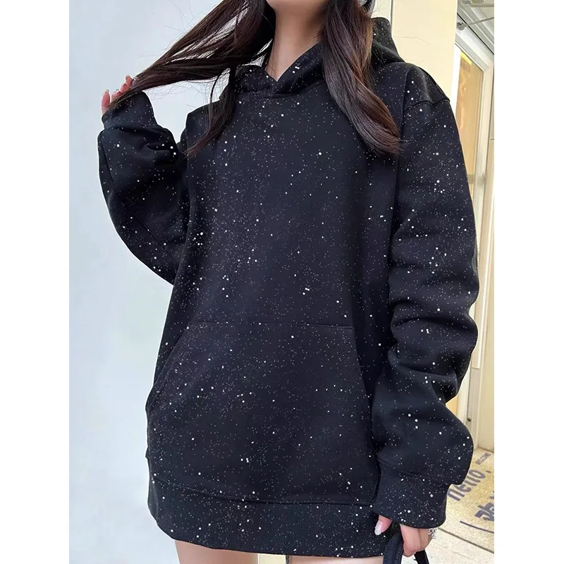 Women Print Coats Hooded Sweatshirts Long Sleeve Thick Casual Splice Jackets High Street Pockets Solid Sweatshirt Outerwear