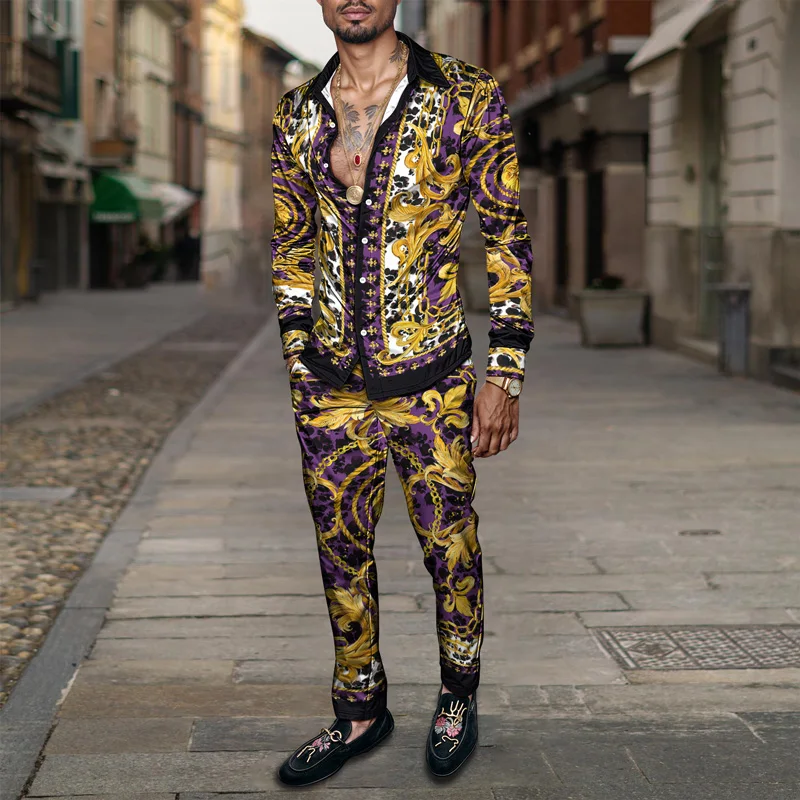 2025 Spring Summer Men Shirt Set Brand Print Fashion Printing 2 Piece Suit Mens Light Luxury Lightweight Party Long Sleeves