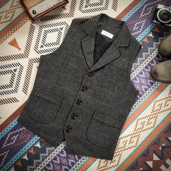 Colete masculino steampunk formal marrom preto masculino molas xadrez espinha de peixe tweed lã vintage coletes para homem vestido 2022