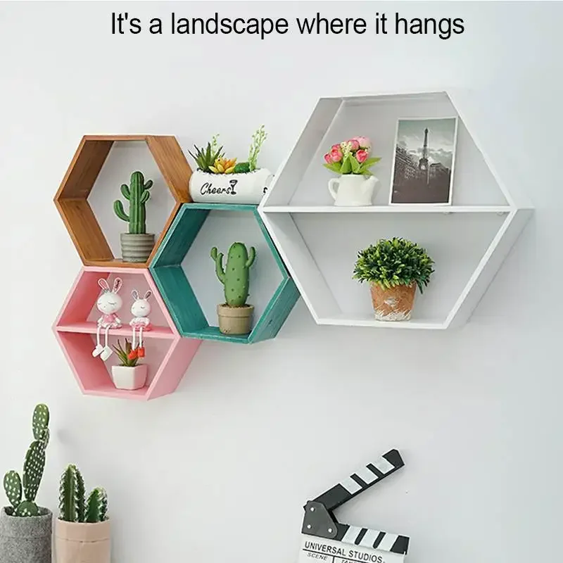 Nordic Style Wooden Decor Wall Mount Hexagonal Frame Books Toys Flower Pot Storage Shelf Holder Figurines Display Crafts Shelves