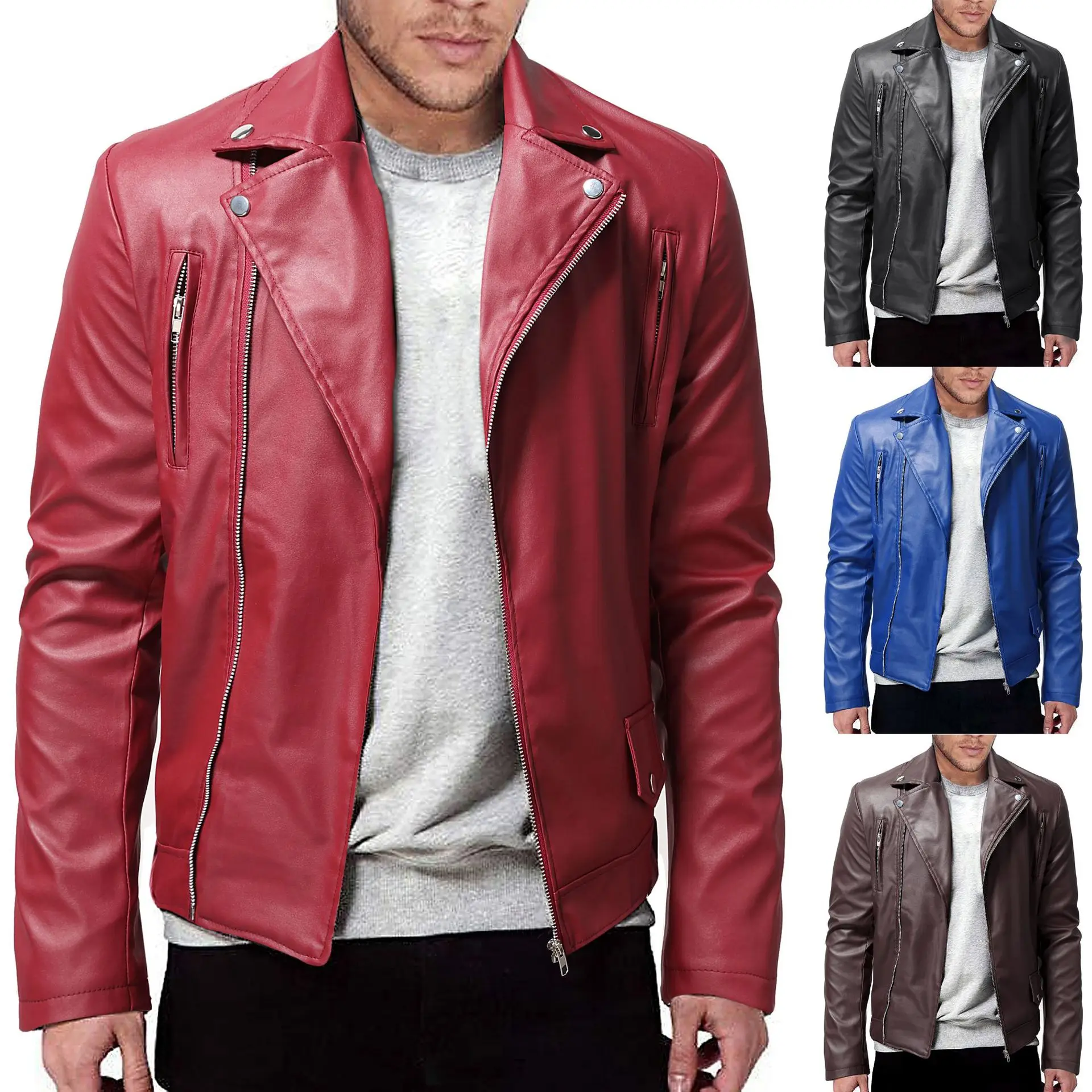 2024 Men\'s Oblique Zipper Casual PU Leather Jacket Youth Fashion Suit Collar Leather Jacket