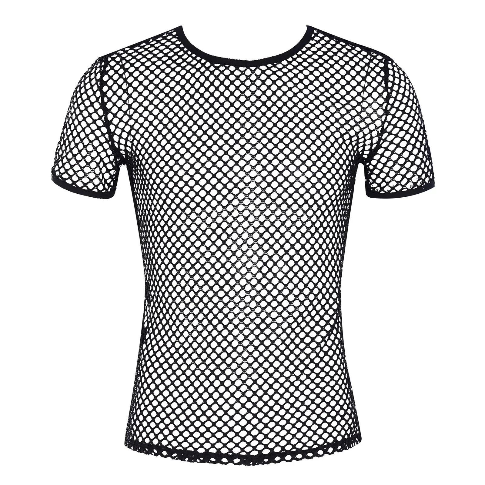 Mens T-shirt Tops Hollow Out Short Sleeve See Through Fishnet Mesh T-Shirts Round Neck Crisscross Back Performance Club wear