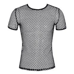 Mens T-shirt Tops Hollow Out Short Sleeve See Through Fishnet Mesh T-Shirts Round Neck Crisscross Back Performance Club wear