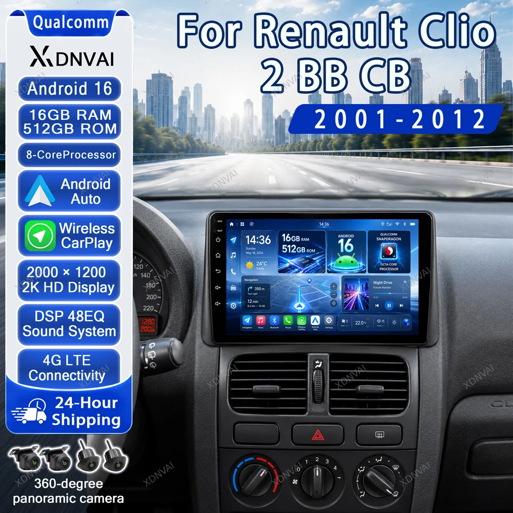 Android 16 Multimedia For Renault Clio 2 BB CB 2001 - 2012 Car Radio Video Player Navigation 5G WIFI DSP Autoradio Head Unit BT
