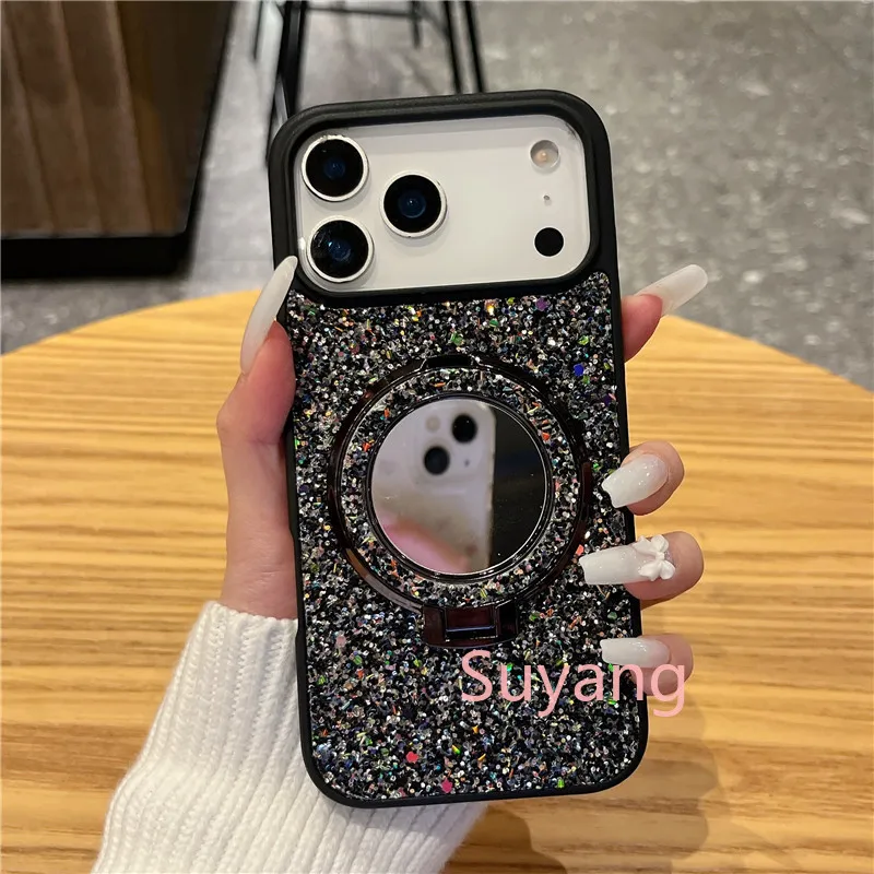 Makeup Mirror Magnetic Phone Holder Case For Samsung A05S A15 A35 A55 A25 A14 S26 Ultra S25 S24 S23 S22 S21 S20 FE Glitter Cover
