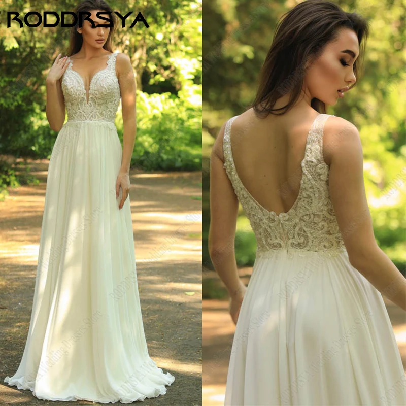 RODDRSYA senza maniche senza spalline abiti da sposa per le donne Appliques Vestido De Novia Boho Chiffon a-line abiti da sposa spiaggia senza maniche senza spalline abiti da sposa per le donne Appliques Vestido De Nov