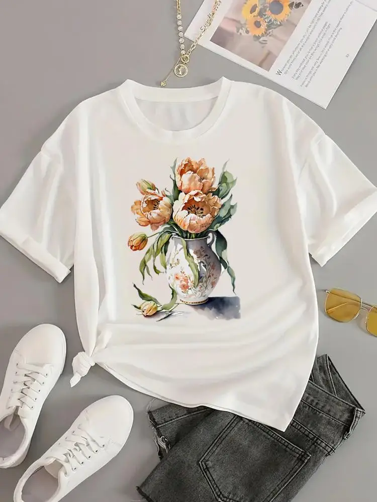 

Watercolor Flower Sweet 90s Tee Short Sleeve Printed Women Top Clothing Female T Shirt Fashion Casual Clothes Graphic T-shirts