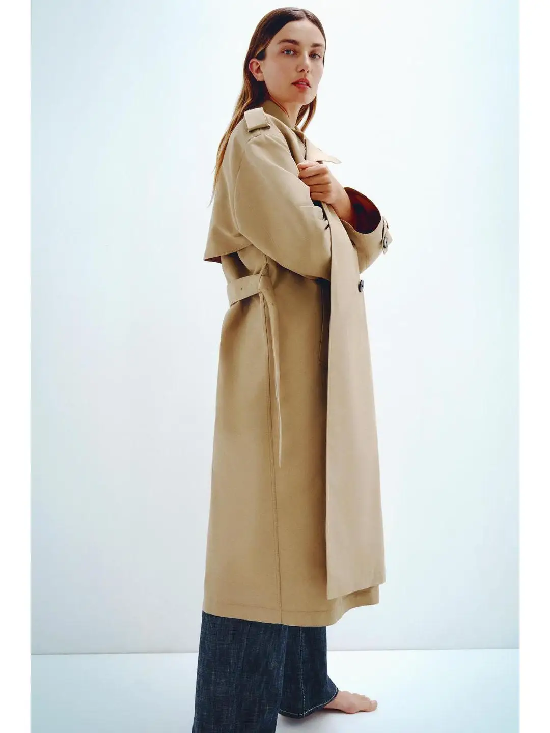 

Classic Long Double-breasted Windbreaker with Belt Briti Sle Retro Aosphere Work Warehouse Autumn Faion Ladies Coat