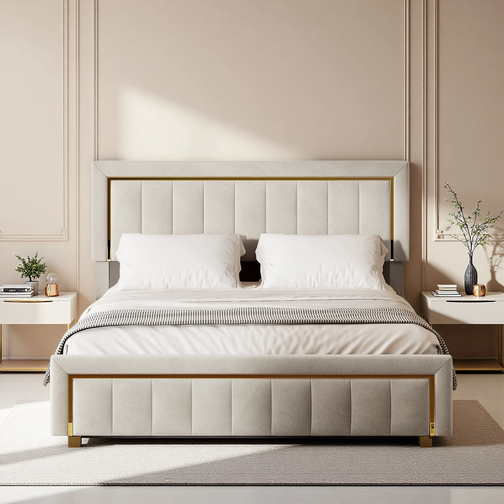 Letto con struttura a scomparsa idraulica Comanlai, dimensioni 180x200 cm, con rivestimento in velluto bianco e finiture in metallo dorato, base idrau