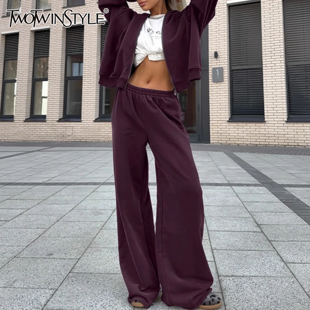 

TWOTWINSTYLE Purple Two Piece Set for Women Hooded Long Sleeve Patchwork Zipper Trousers Casual Streetwear Suit Female Autumn