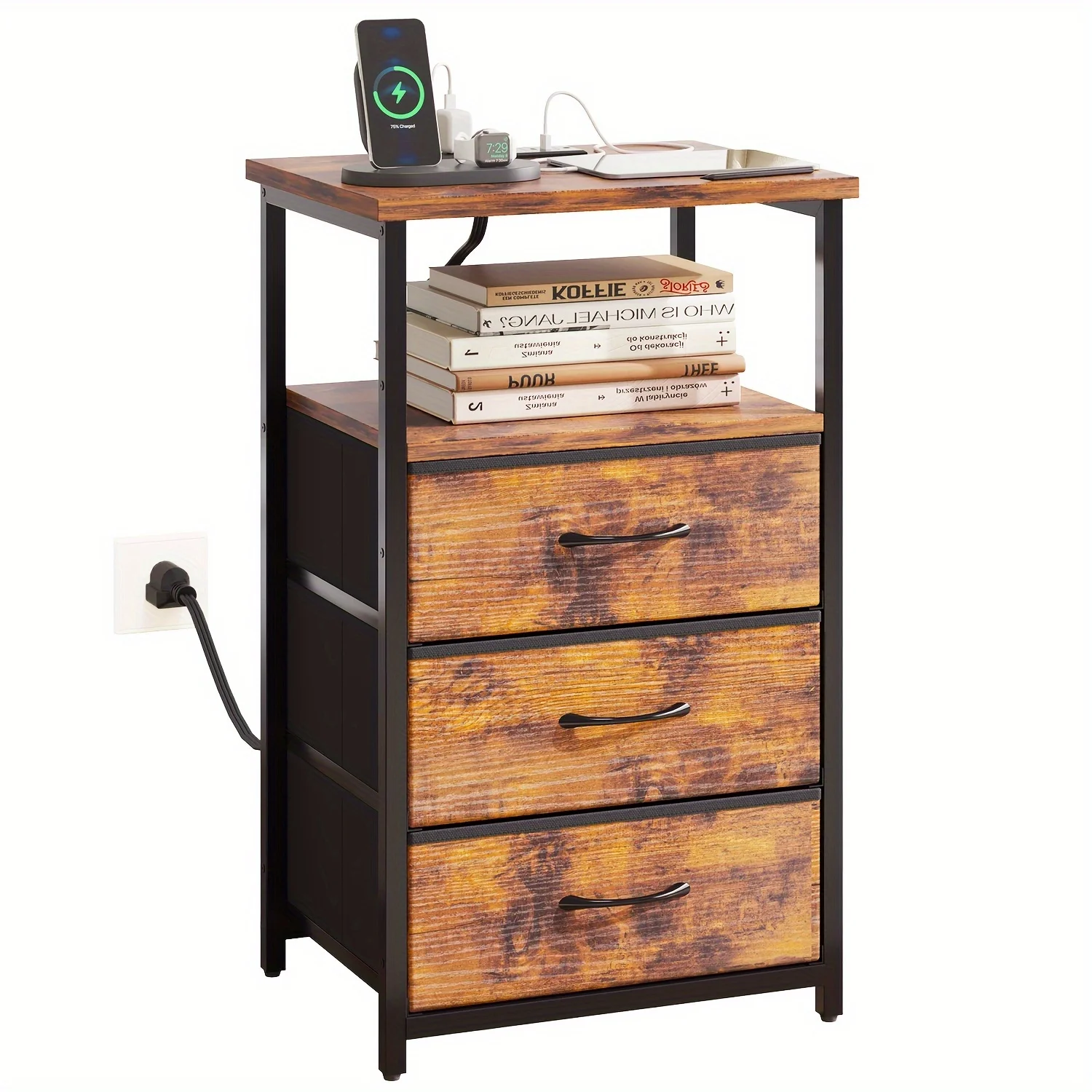 

usWHONLINE 1/2pcs Night Stand With Charging Station, Nightstand 1/2 Set With 3 Fabric Drawers, End Table With Storage, Night Stand For Bedroom, School And Dormitory Storage, Black End Table, Heavy Duty Night Stand, For Halloween And Christmasd