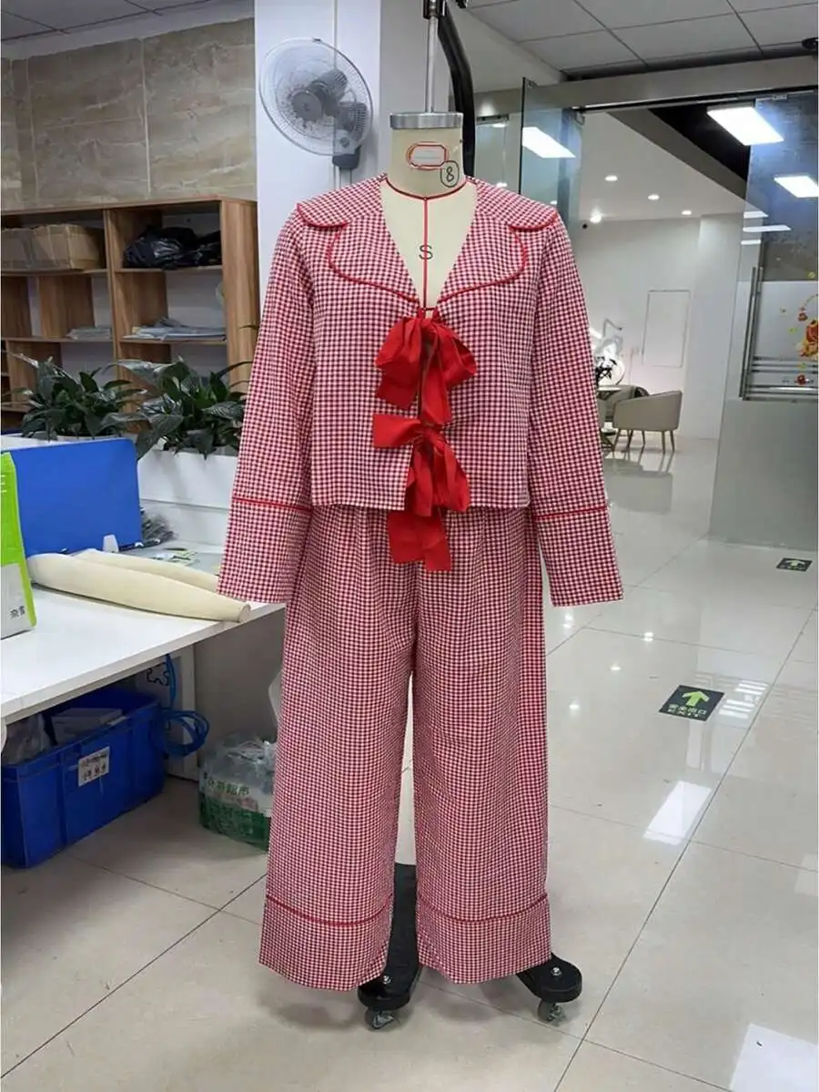 

Womens Red Checkered Pajama Set With Front Bow For Home Loungewear