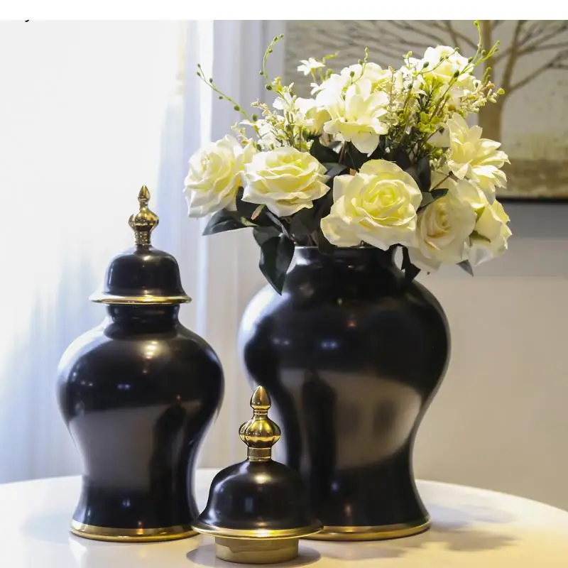 Chinese Black Ceramic Storage Jar Decoration Living Room Simulation Flower Home Accessories