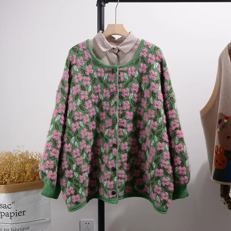 

Lazy Sle Oversized Sweater Cardigan Spring Outing Soft Plump Flower Bloom Large Version Coat Sweet Sle round Ne Long Sl...