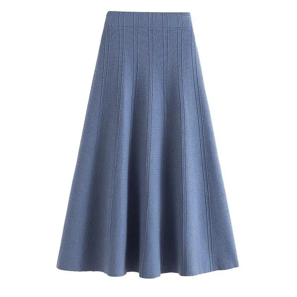 

Winter Warm Thicken Sweater Knitted Skirts Mom High Waist A-Line Midi Skirts Women Autumn Jacquard Solid Black Blue Wool Skirt