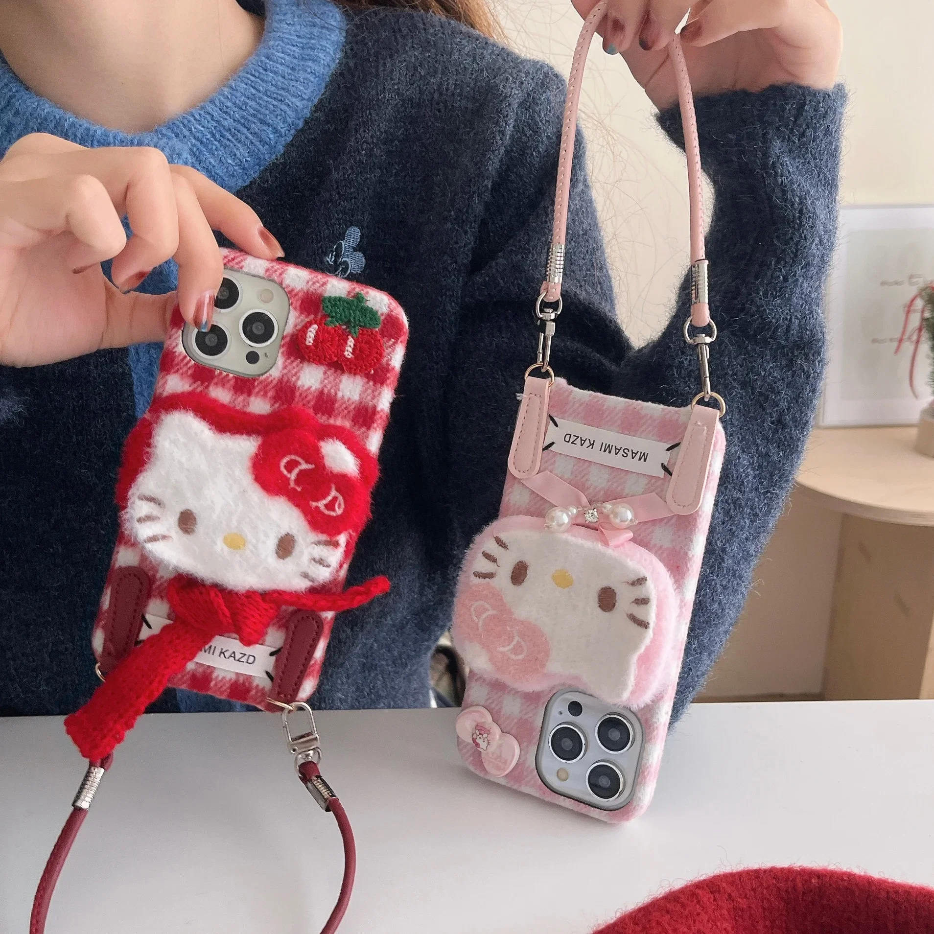 Cute Cartoon Sanrio Hello Kitty Grid Pattern Furry Plush Soft Phone Case For iPhone 16 15 14 13 12 11 Pro Max Winter Warm Cover image 3