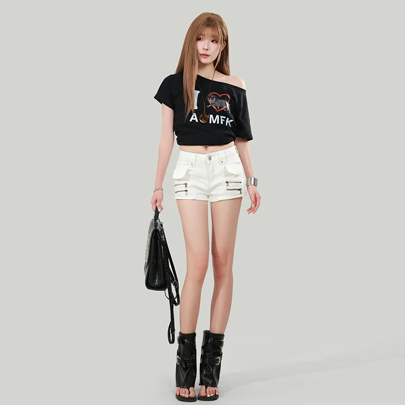 

American-style white sexy design zipper denim shorts for women, summer thin high-waisted stretchyaWord Hot Pants