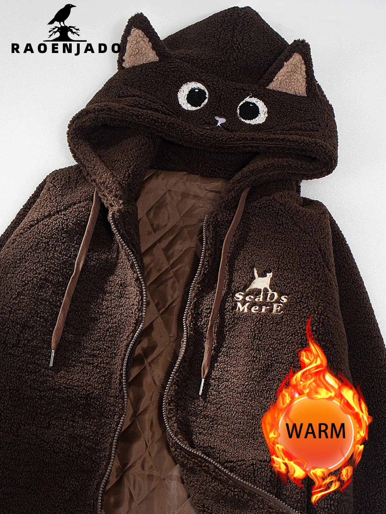 

Женская флисовая куртка на молнии с капюшоном и кошачьими ушками, утолщенная теплая зимняя однотонная верхняя одежда, повседневное пальто с регулируемым подолом и вышивкой