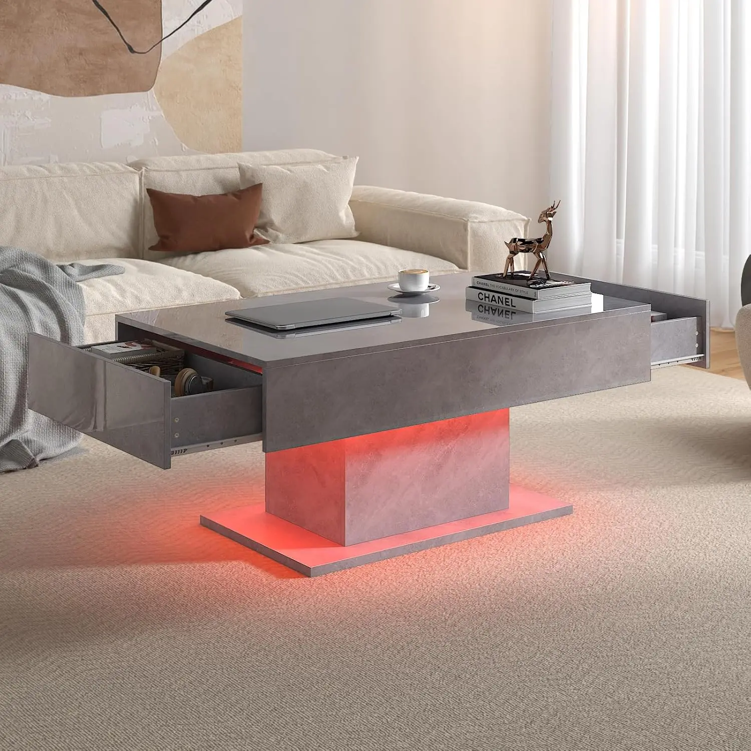 #Grey Led Coffee Table 2 Storage Drawers High Glossy Wooden Living Room Dining Reception Room, Customized